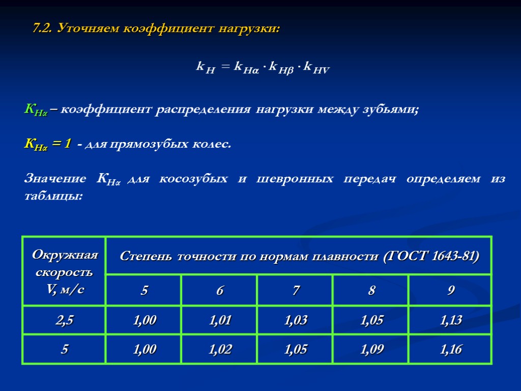 7.2. Уточняем коэффициент нагрузки: КНα – коэффициент распределения нагрузки между зубьями; КНα = 1